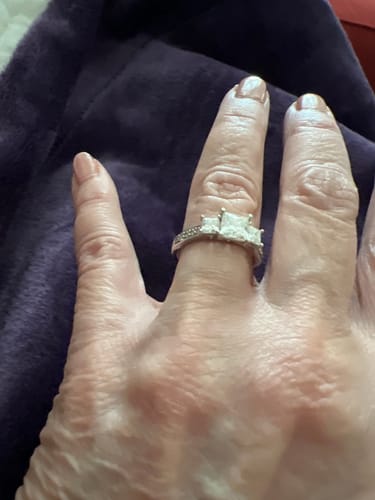 Customer photo review of Three Stone Princess Cut Moissanite Pavé Set Engagement Ring