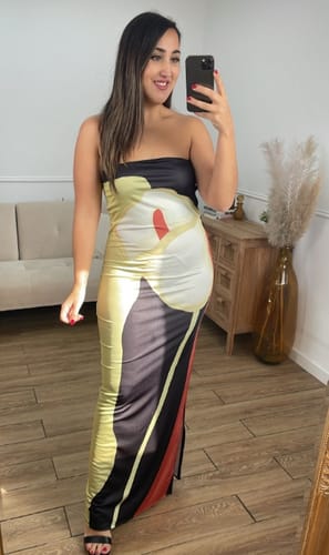 Customer photo review of Jaime Abstract Floral Print Elastic Strapless Vacation Maxi Dress