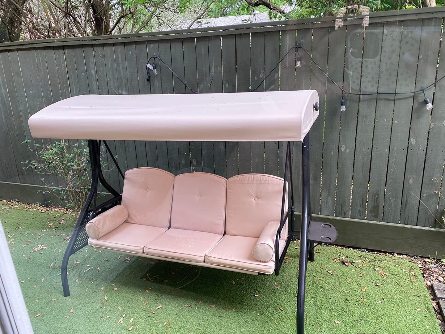 Customer photo review of 3-Seat Outdoor Porch Swing with Adjustable Canopy and Backrest, Khaki