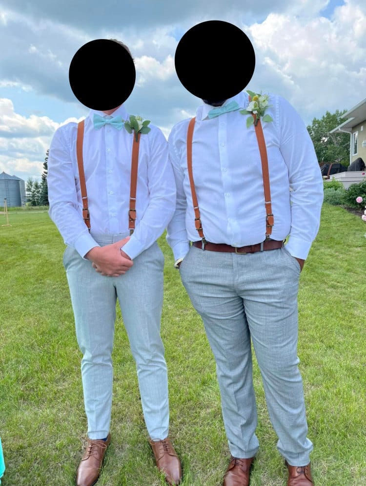 Customer photo review of Sage Bow Tie & Cognac Buckle Suspenders Set
