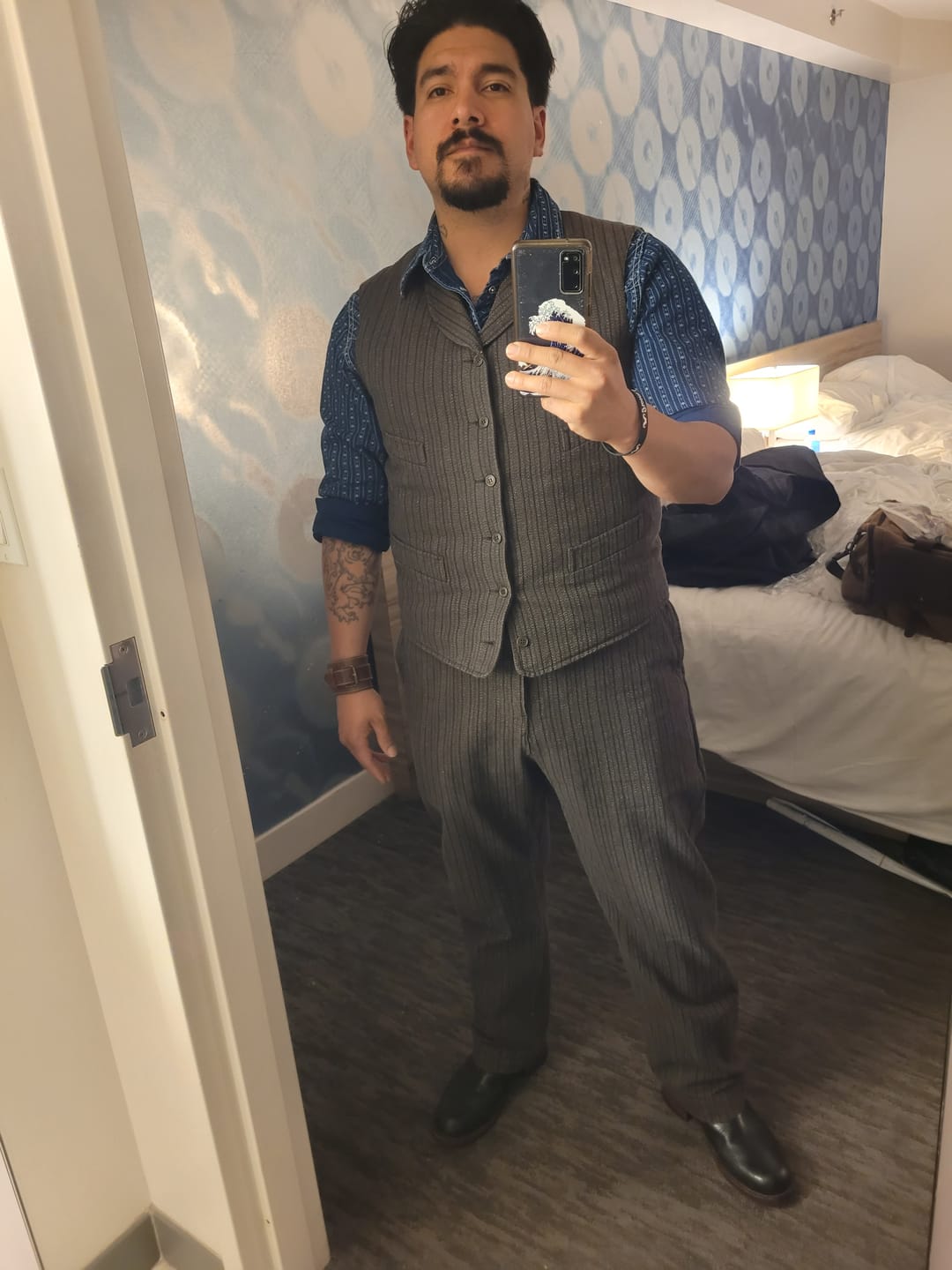 Customer photo review of French Salt & Pepper Striped Chambray Work Trousers
