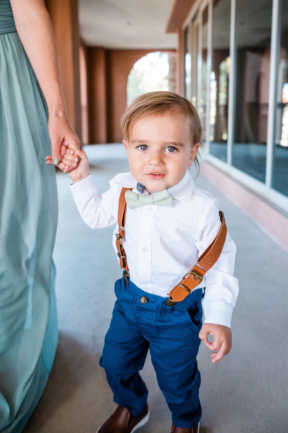 Customer photo review of Sage Bow Tie & Cognac Buckle Suspenders Set