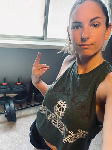 Customer photo review of Salty Savage Ladies "Dead Lift" Flowy Crop Tank
