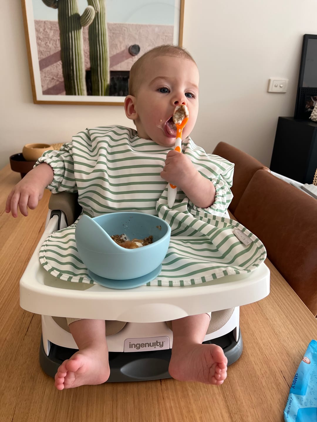 Customer photo review of Mess-Free Smock Bib | Sage Stripe