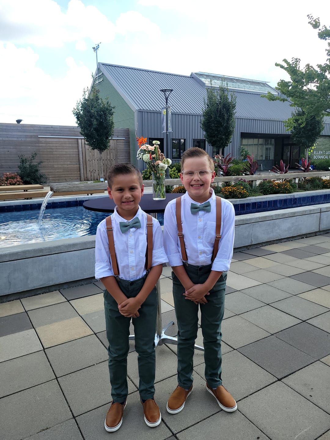 Customer photo review of Dusty Sage Bow Tie & Tan Vegan Leather Suspenders Set