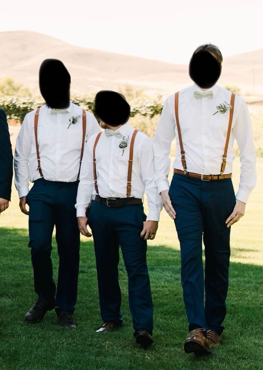 Customer photo review of Sage Bow Tie & Cognac Buckle Suspenders Set