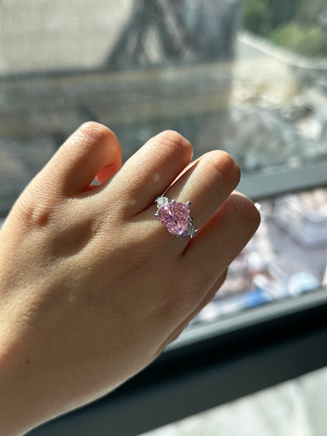 Customer photo review of S925 5.0Ct Heart Cut Royal Romantic Pink Stone Heart Cut Engagement Ring In Sterling Silver