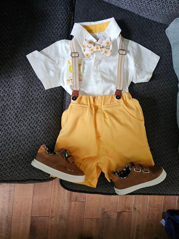 Customer photo review of Sunflower Bow Tie & Cognac Buckle Suspenders Set
