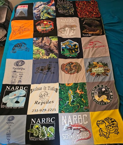T-shirt quilt with reptiles, animal care themes by Christina from MI