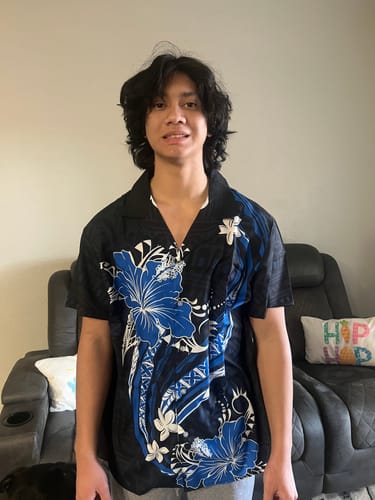 Customer photo review of Blue Polynesian Pattern With Tropical Flowers Couples Matching Mermaid Dress and Hawaiian Shirt LT05