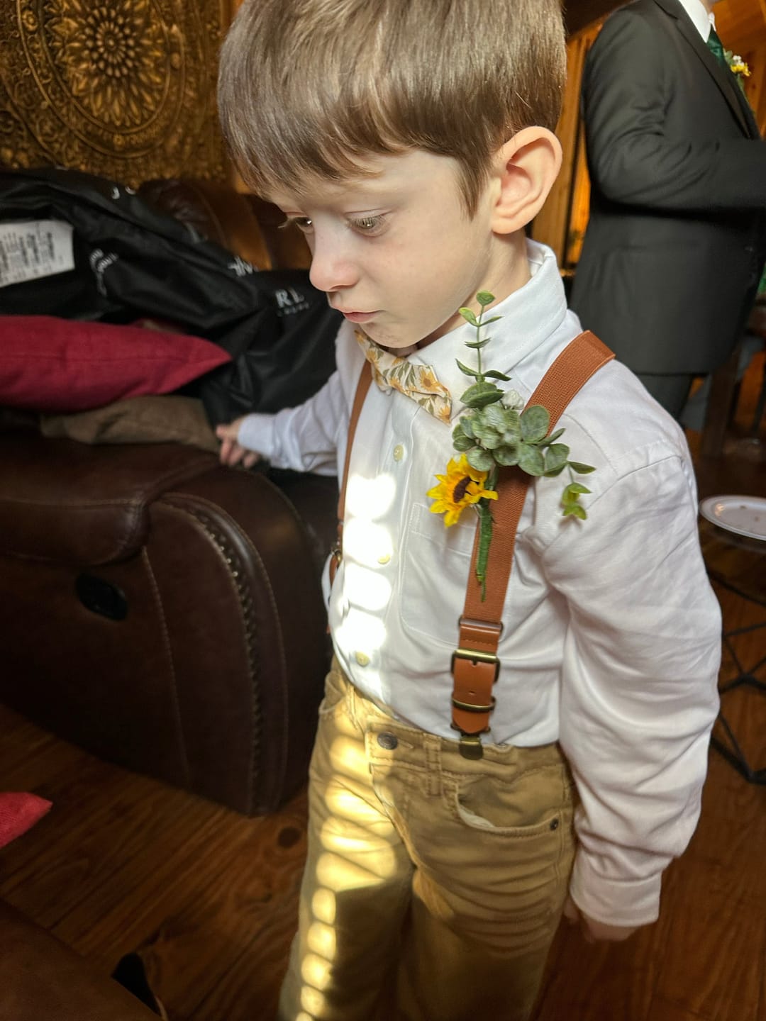 Customer photo review of Sunflower Bow Tie & Cognac Buckle Suspenders Set