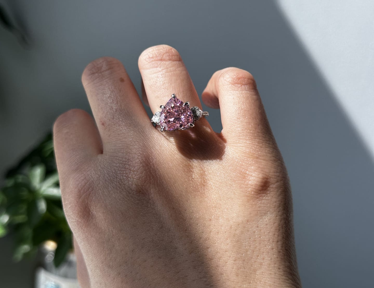 Customer photo review of S925 5.0Ct Heart Cut Royal Romantic Pink Stone Heart Cut Engagement Ring In Sterling Silver