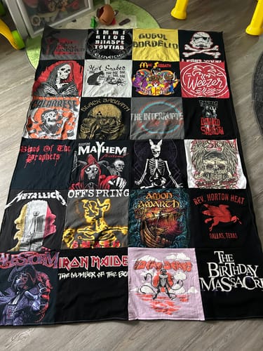 T-shirt quilt with heavy metal music, rock music themes by Kelly from PA