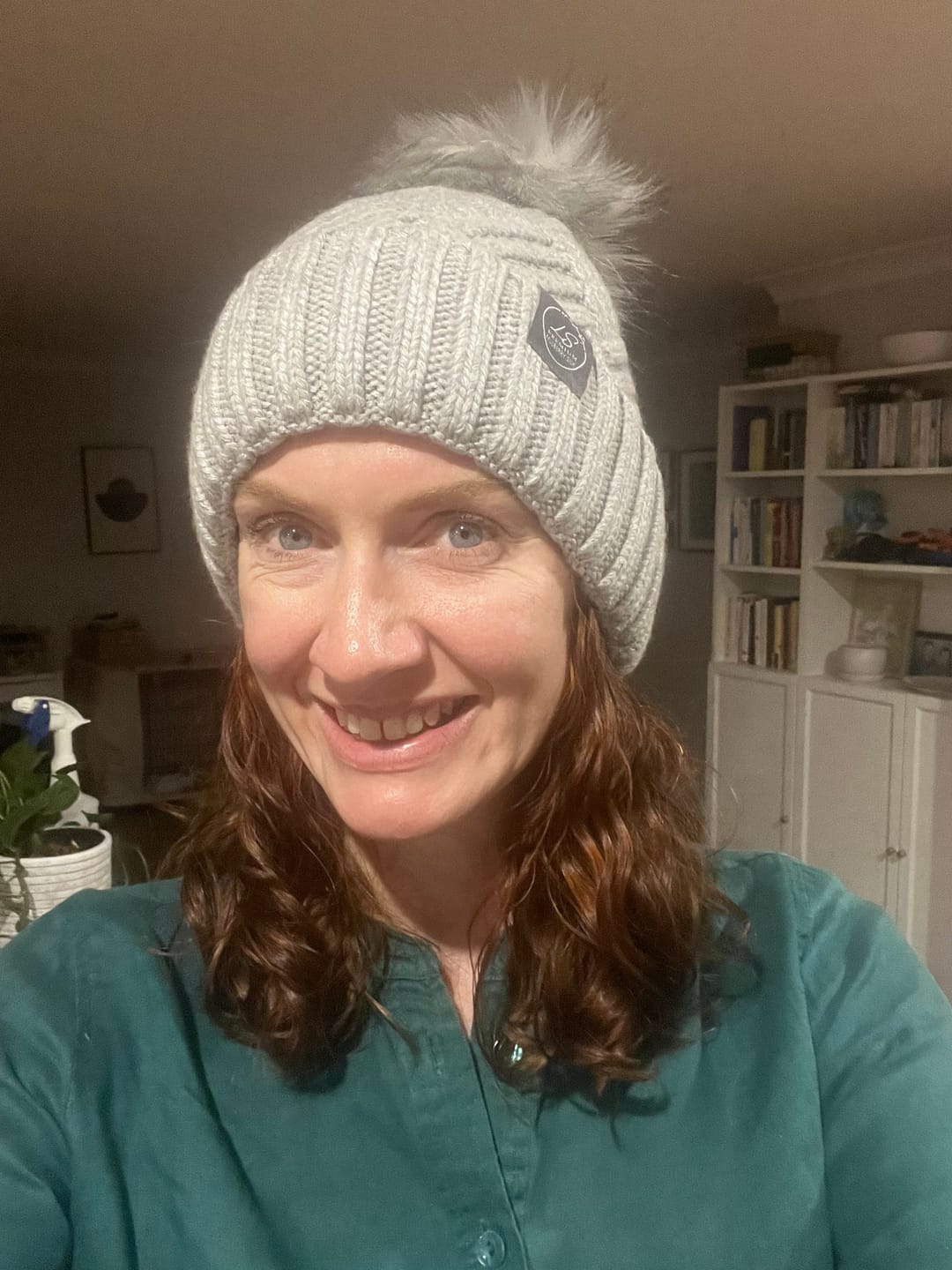 Customer photo review of Mulberry Silk-Lined Cashmere Beanie Hat With Removable Pom Pom