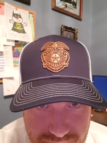 Customer photo review of Custom Leather Patch Trucker Hat - Richardson 112
