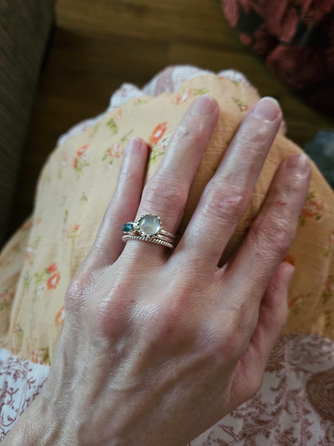 Customer photo review of Moonstone and Aquamarine Ring Stacking Set Sterling Silver