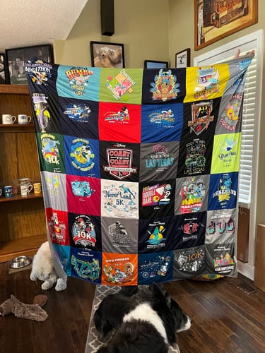 T-shirt quilt with running, golfing themes by Annice from KS