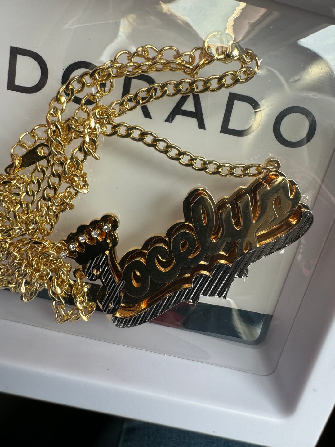 Customer photo review of Double Plated Royal Name Necklace w/ Cuban Chain