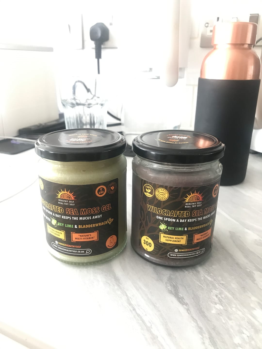 Customer photo review of 2 Key Lime & Bladderwrack Wildcrafted Sea Moss Gels - 600ML (1 Golden and 1 Purple)