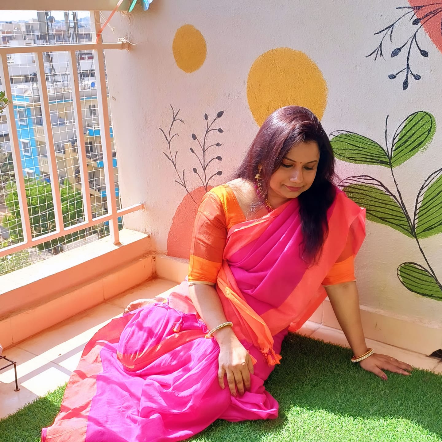 Customer photo review of Pink Orange Soft Cotton  Saree