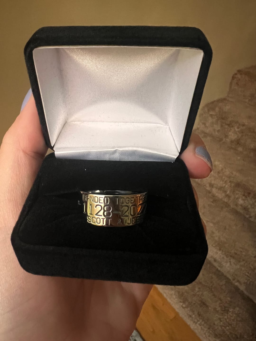 Customer photo review of Duck Band Wedding Ring with Laser Carved Ducks