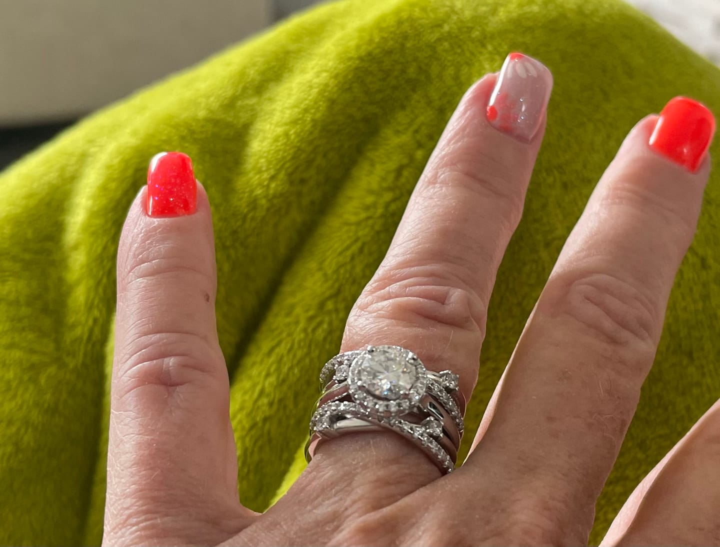 Customer photo review of Halo Moissanite With Enhancer Cross Shank Bridal Engagement Ring Set