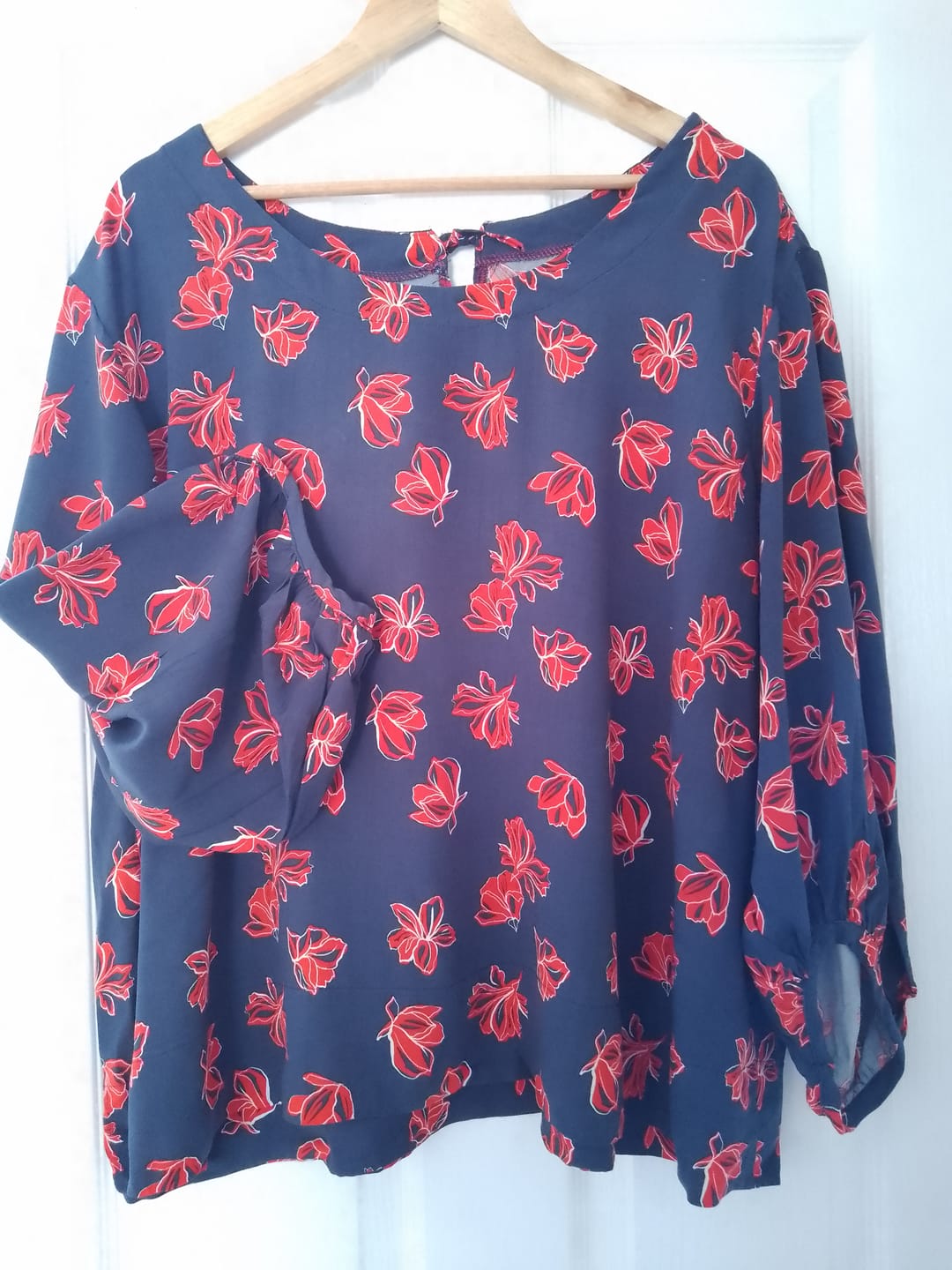 Customer photo review of Red Floral on Navy Viscose Challis Fabric