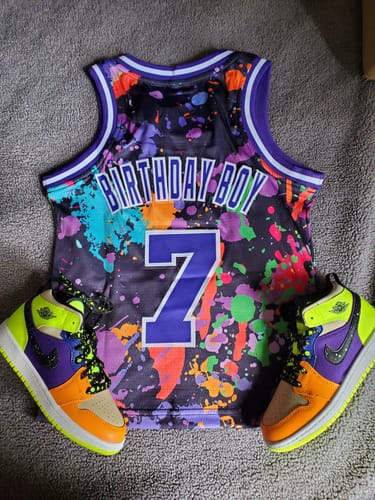 Customer photo review of Custom Graffiti Pattern Purple-White 3D Splashes Authentic Basketball Jersey