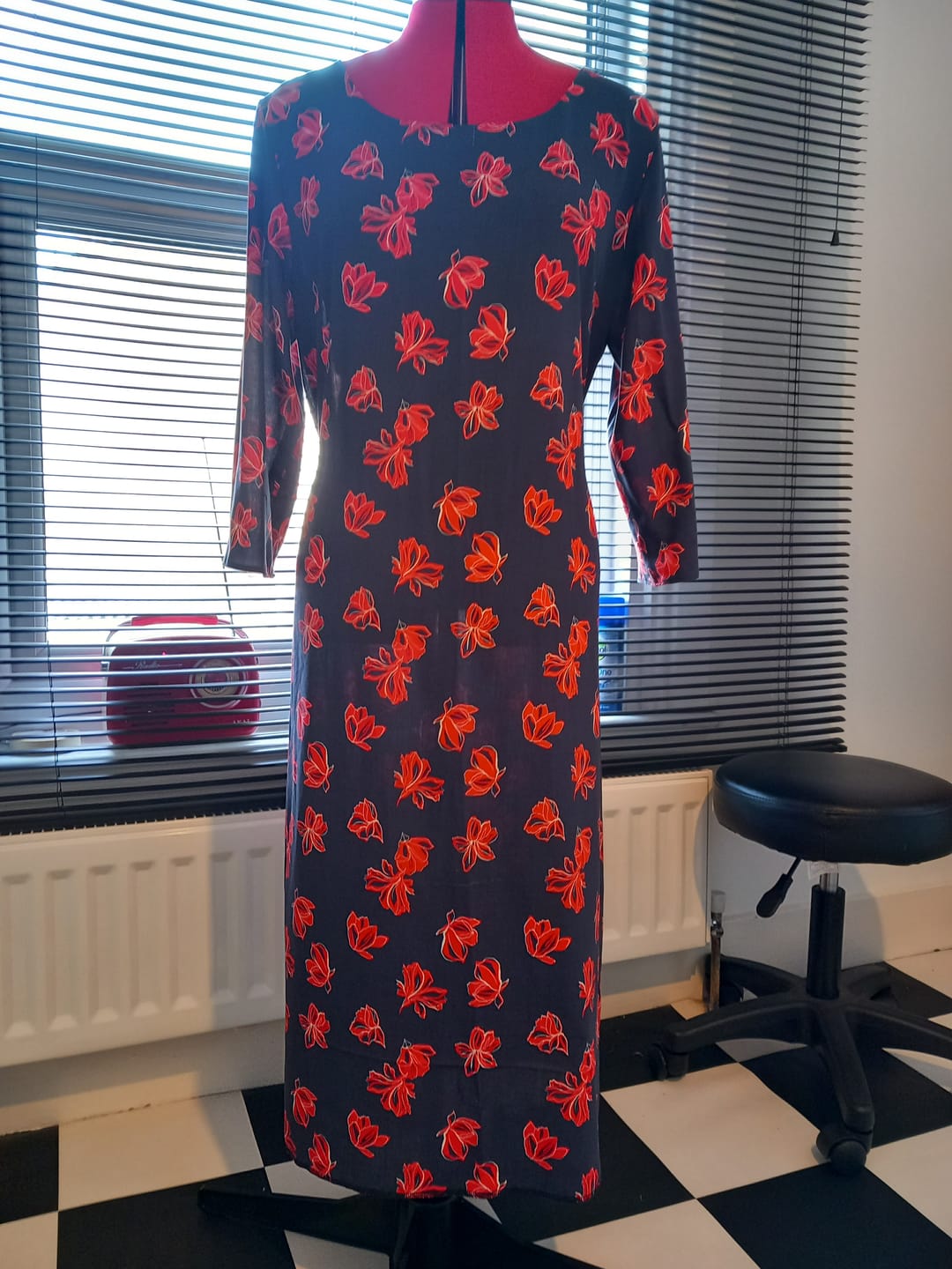 Customer photo review of Red Floral on Navy Viscose Challis Fabric