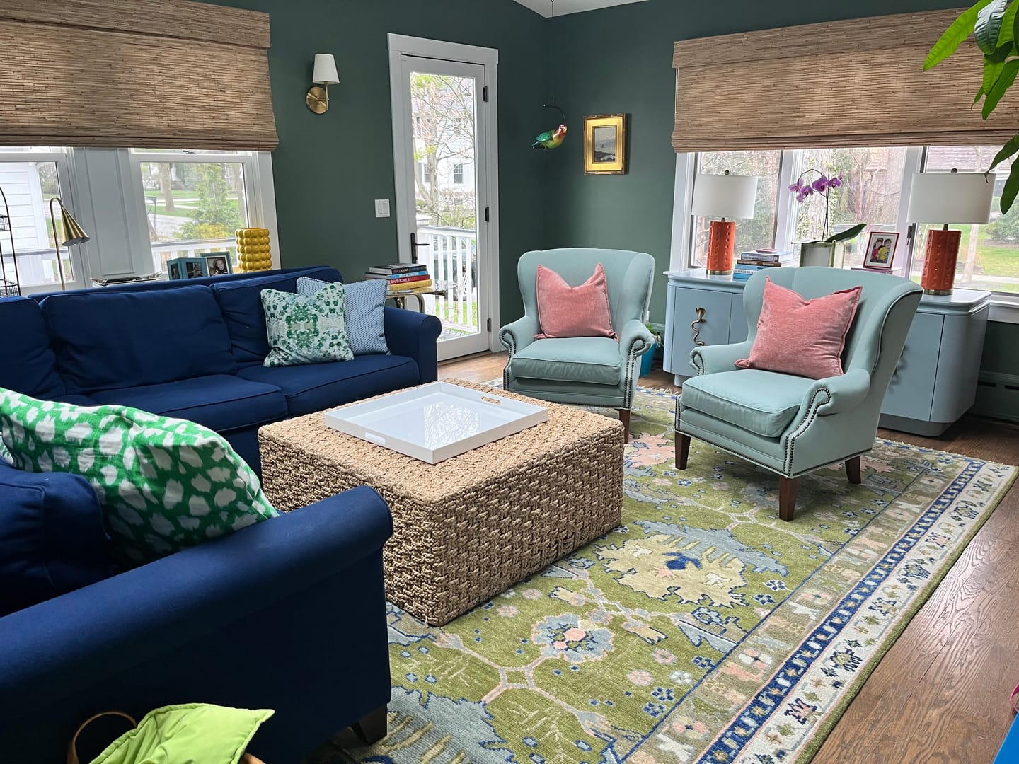 Customer photo review of Multi size Moss Green, Blue and Peach Hand Knotted Vibrant colorful Donegal Wool Rug