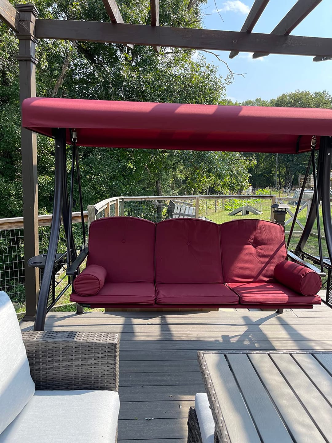 Customer photo review of 3-Seat Outdoor Porch Swing with Adjustable Canopy Backrest and 2 Side Trays (Wine Red)