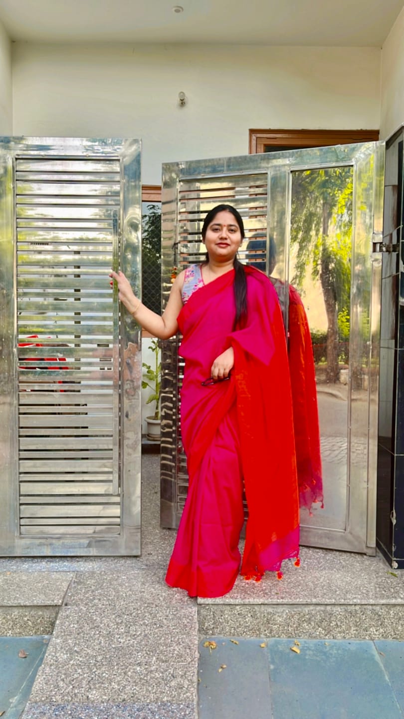 Customer photo review of Pink Orange Soft Cotton  Saree