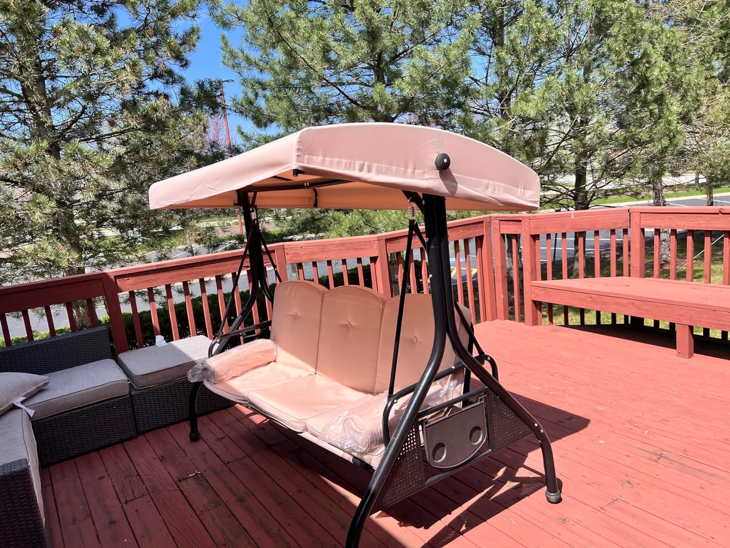 Customer photo review of 3-Seat Outdoor Porch Swing with Adjustable Canopy and Backrest, Khaki