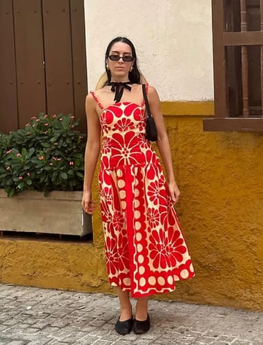 Customer photo review of Vivid Dreams Unique Ethnic Print Beaded Suspender Midi Dress
