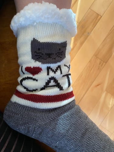 Customer photo review of Northern Comfort "I Love My Cat" Sherpa Lined Grip Women and Men's Slipper Socks