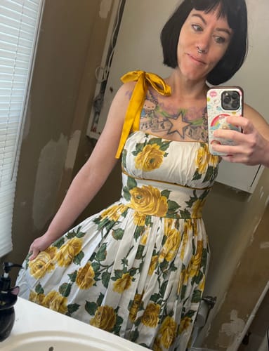 Customer photo review of PRE-ORDER - 1950s Swing Sundress and Scarf in Yellow Vintage Roses - Vixen by Micheline Pitt