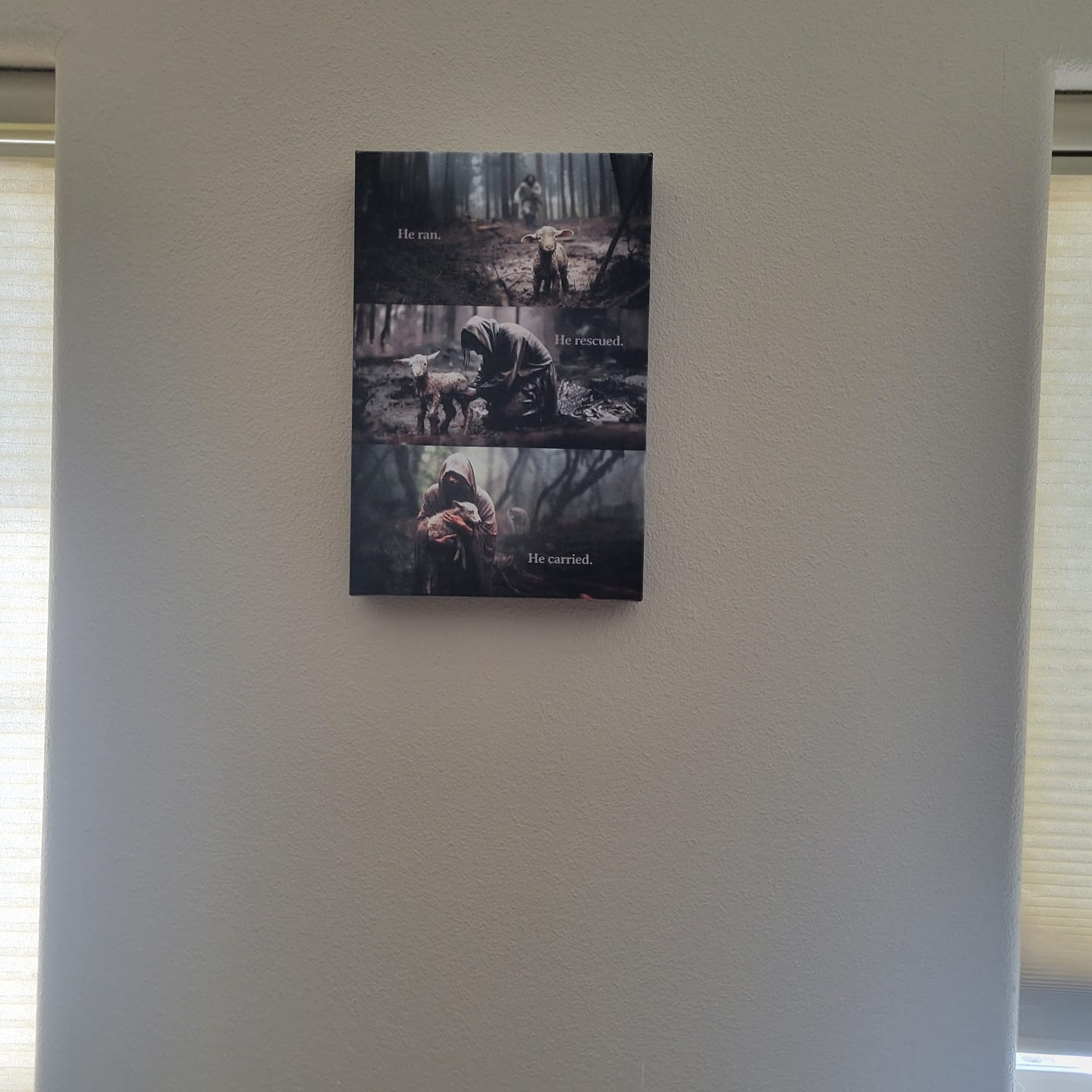 Customer photo review of He Ran, He Rescued, He Carried, Jesus and Lost Sheep, Wall Art Canvas