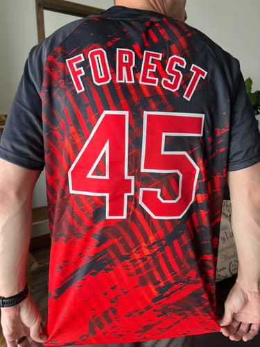 Customer photo review of Custom Black Red-White 3D Pattern Two-Button Unisex Softball Jersey