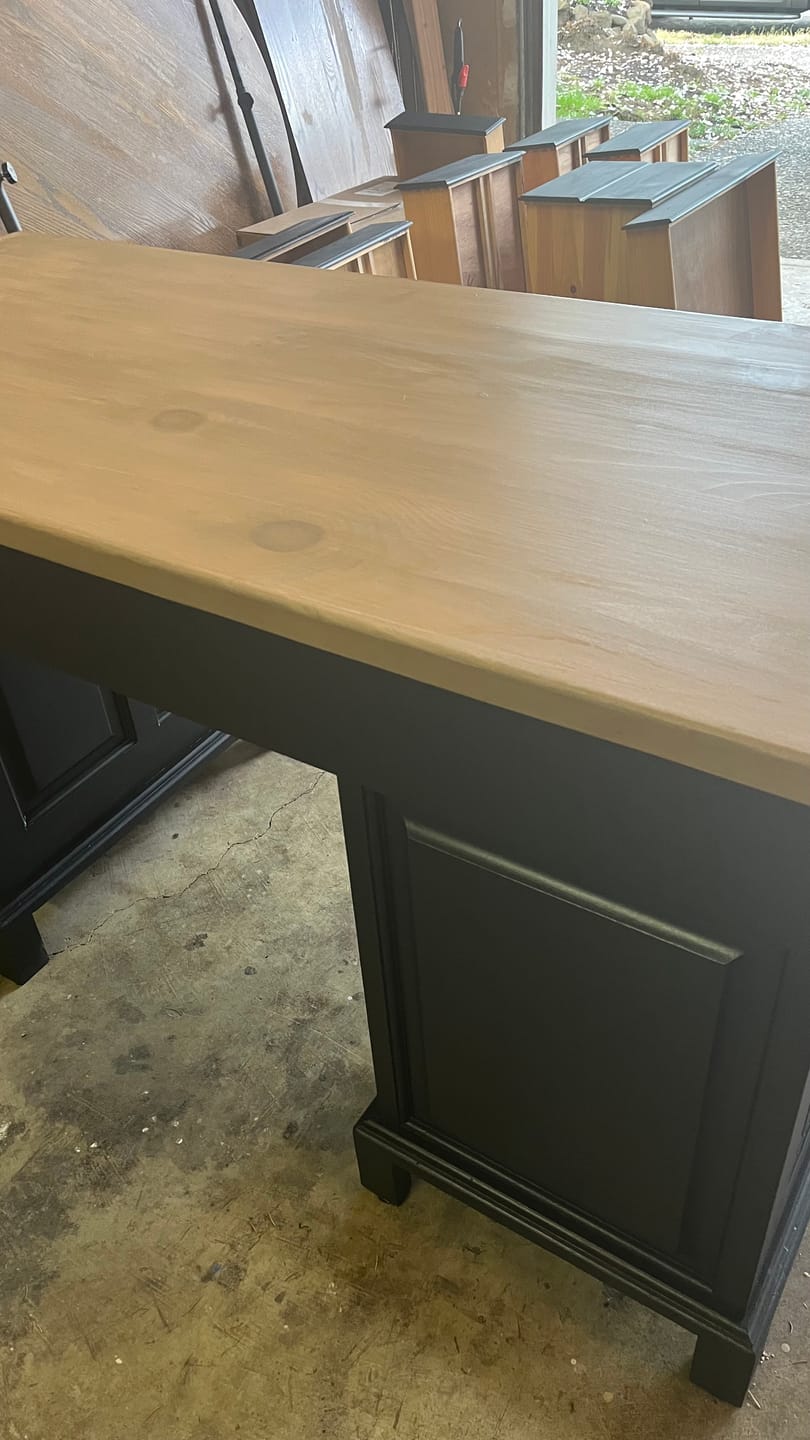 A pine desk top stained with Evolve over bare, sanded wood