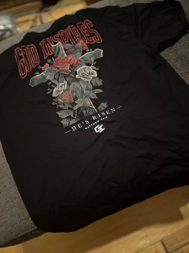 Customer photo review of Theophany 'He's Risen' Premium Heavyweight T-Shirt