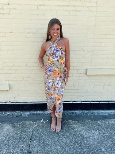 Customer photo review of Floral Beauty Printed Twist Front Side Tie-up Halter Midi Dress