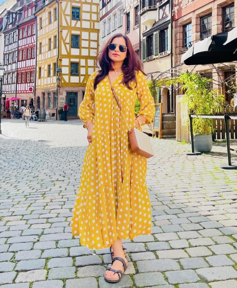 Customer photo review of Bonjour Yellow Polka Modal Maxi Dress