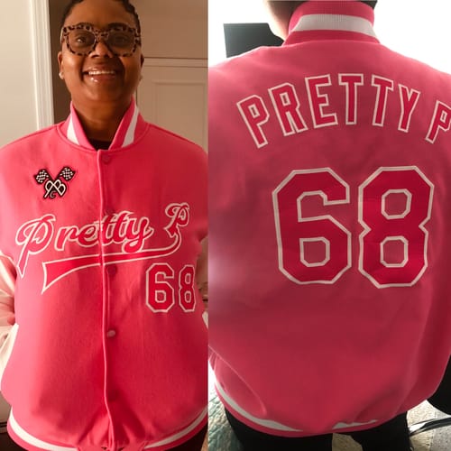 Customer photo review of Custom Pink Pink-White Bomber Full-Snap Varsity Letterman Two Tone Jacket