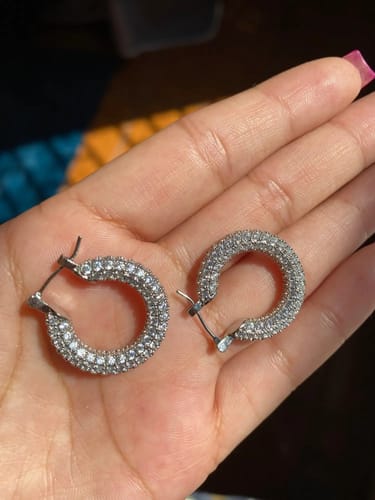 Customer photo review of Iced Pavé Medium Steel Hoop Earrings