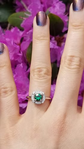 Customer photo review of Halo Flower Green CZ Ring in Sterling Silver