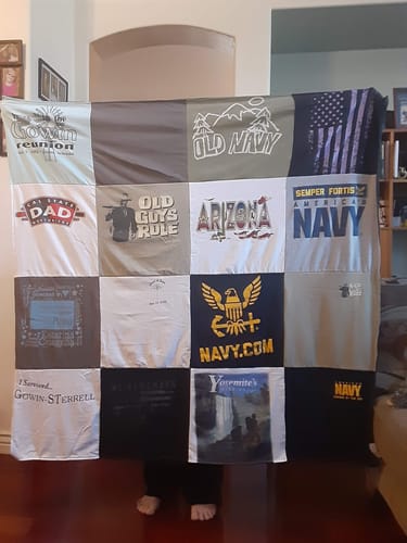 T-shirt quilt with family gatherings, military service themes by Lorisa from AZ