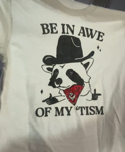 Customer photo review of Be in Awe of my 'Tism (Raccoon Cowboy) Unisex t-shirt