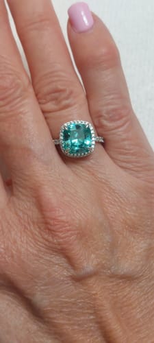 Customer photo review of Louily Exquisite Halo Cushion Cut Cyan Blue Engagement Ring In Sterling Silver