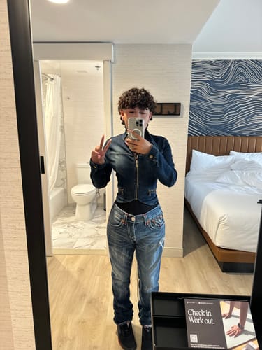 Customer photo review of THE VILLAIN MOTO JACKET (DENIM)
