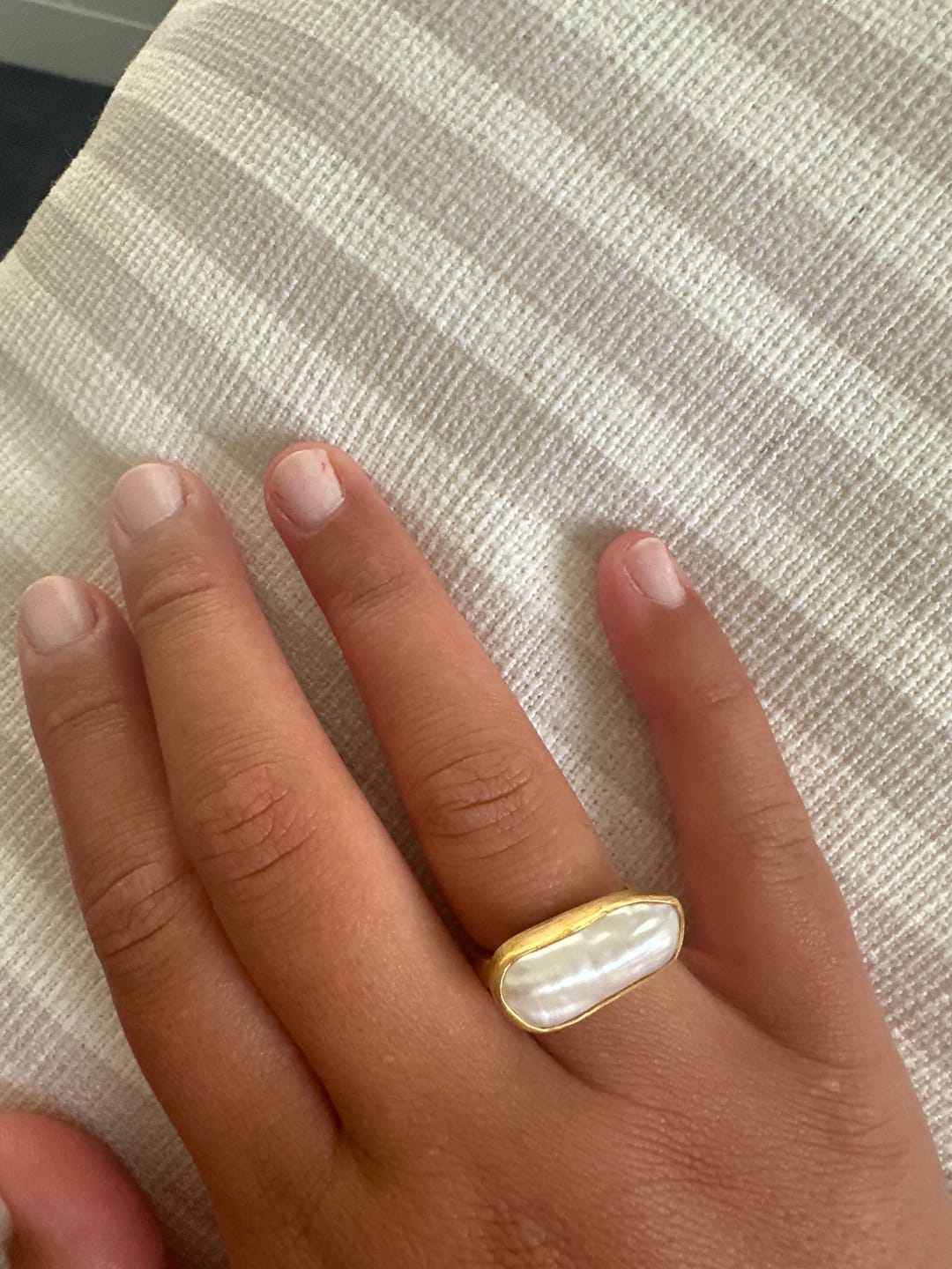 Customer photo review of PEARL BAR RING - GOLD